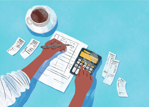 Illustration of hands using a calculator and writing on financial documents with coffee on a desk