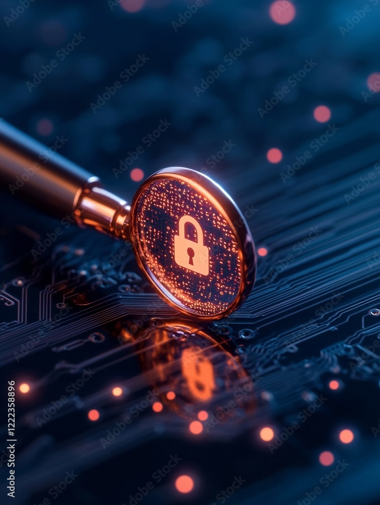 Poster Cybersecurity Visual Glowing Circuit Board Pattern with Padlock and Magnifying Glass - Network Safety Content and Digital Threat Analysis for Tech Industry Secure Audits