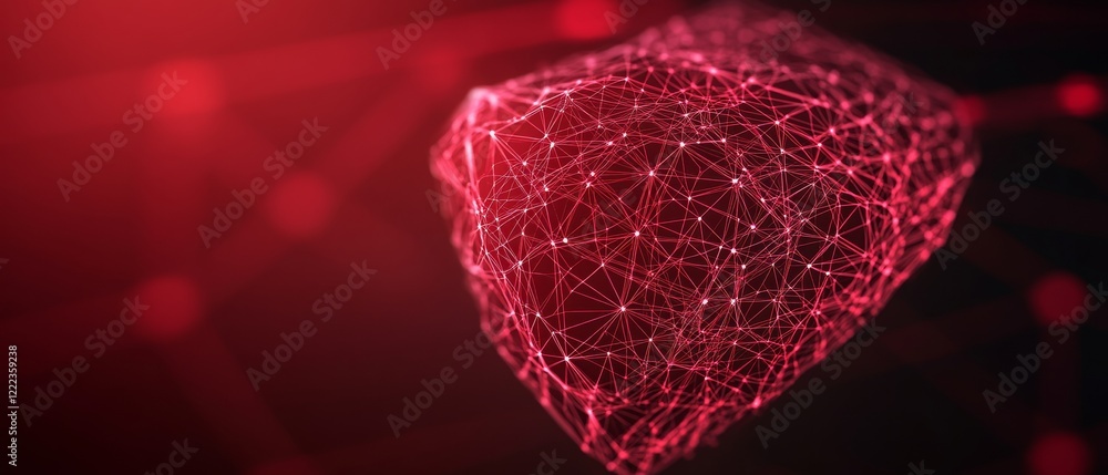 Poster Futuristic Cybersecurity Visualization Red Digital Mesh Shield on Abstract Network - Innovative Tech Content and Online Safety Advocacy for IT Industry