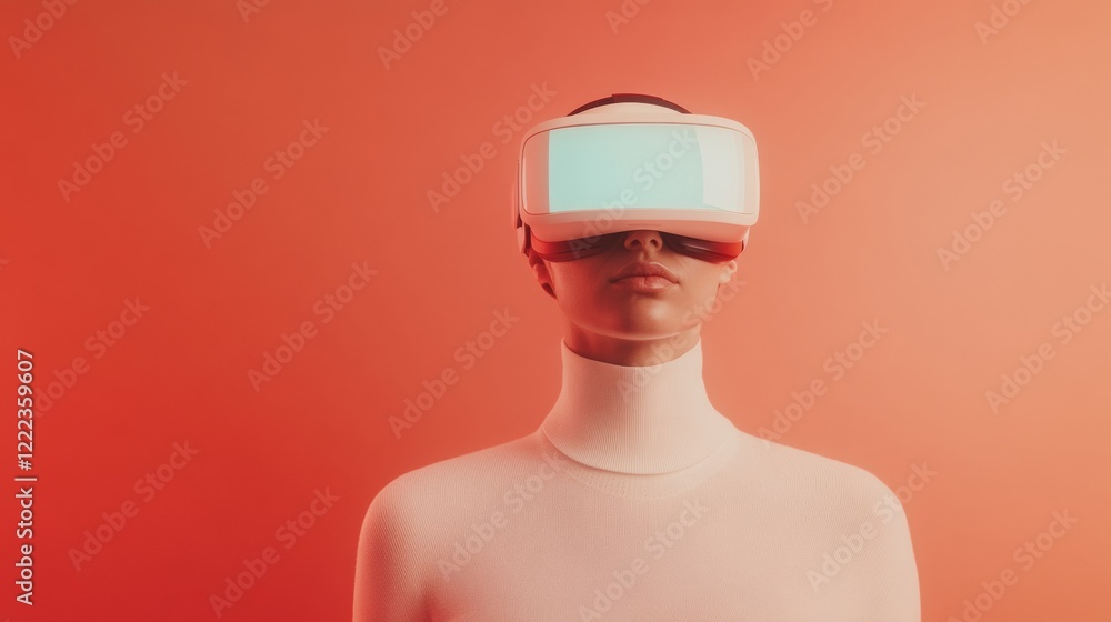 Poster contemporary virtual collaboration minimalist vr headset on modern woman in futuristic workspace - e