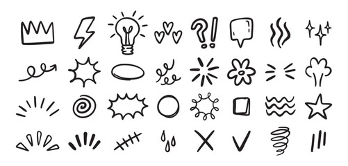 Expression sign hand drawn doodle set for concept design. Expression elements isolated on white background.