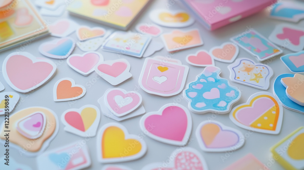 Poster white paper stickers, blank round, rectangle and heart shape sticky notes. vector realistic set of e