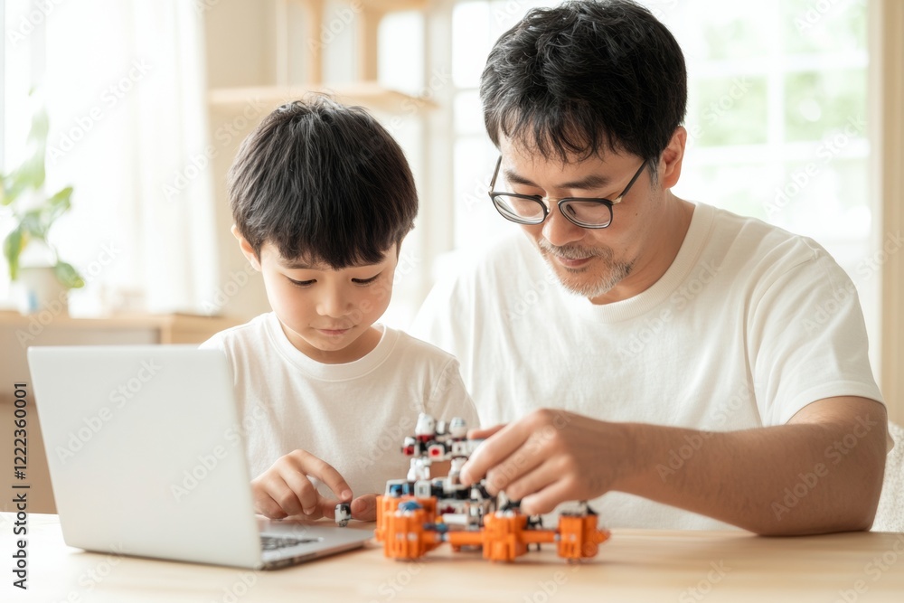 Poster Interactive STEM Robot Building Session Father and Son Engaging in Home-based Tech Education with Colorful Parts and Coding Interface - Enhancing Skills for Future Innovation