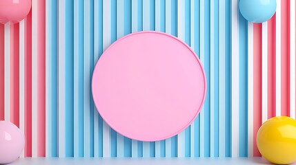 Minimalist Style Features Round Pink Plate on Colorful Striped Background with Soft Pastel Balls Surrounding It