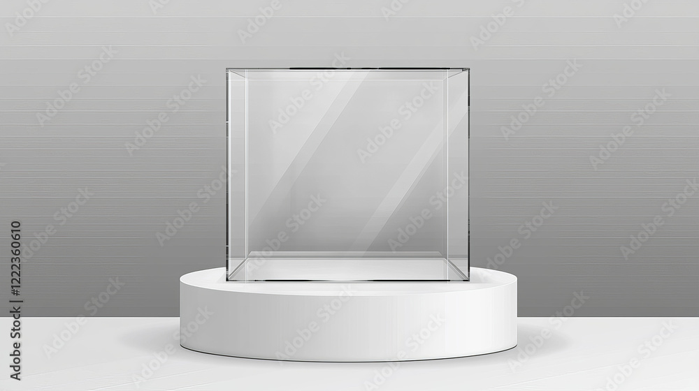 Poster glass cube box on white stand. empty clear square showcase on podium in front and angle view. vector