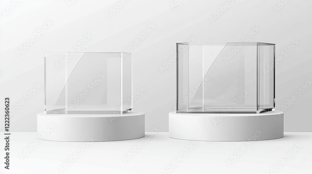 Poster glass cube box on white stand. empty clear square showcase on podium in front and angle view. vector