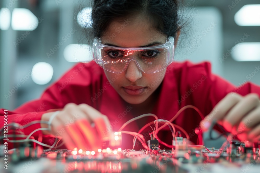 Poster tech-savvy workspace young indian female engineer in electrical lab with circuit board - hands-on st