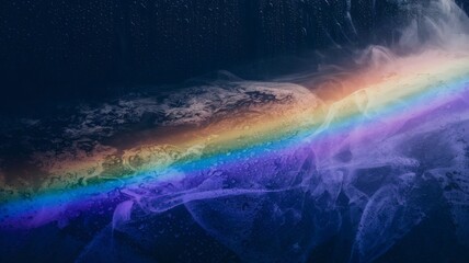 Veil of Color in Darkness.
A thin, mist-shrouded rainbow illuminated in the rain against a black backdrop. The mist diffuses the colors, creating an ethereal glow that blends into the surrounding dark