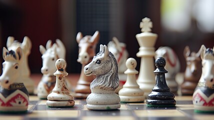 A unique chessboard, unique chess pieces. We contribute to a better gaming experience. Black and white chessboard. AI generated image