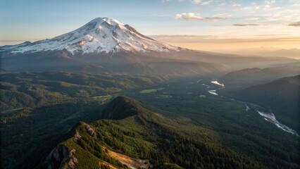 Majestic Mountain Peak & Serene Valley: Drone Photography of Breathtaking Landscape