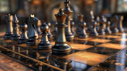 A unique chessboard, unique chess pieces. We contribute to a better gaming experience. Black and white chessboard. AI generated image