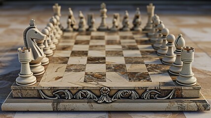A unique chessboard, unique chess pieces. We contribute to a better gaming experience. Black and white chessboard. AI generated image