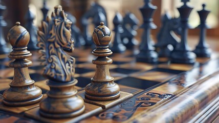 A unique chessboard, unique chess pieces. We contribute to a better gaming experience. Black and white chessboard. AI generated image