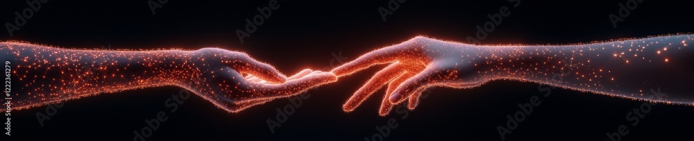 Aufkleber Futuristic Human-Machine Interface Luminous Binary Data Stream and Hands - Innovative Tech Promotion and AI Integration for Enhanced Automation in Business Solutions