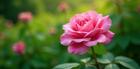 Pink rose blooming in a lush green environment, nature, flowers, flowerpower