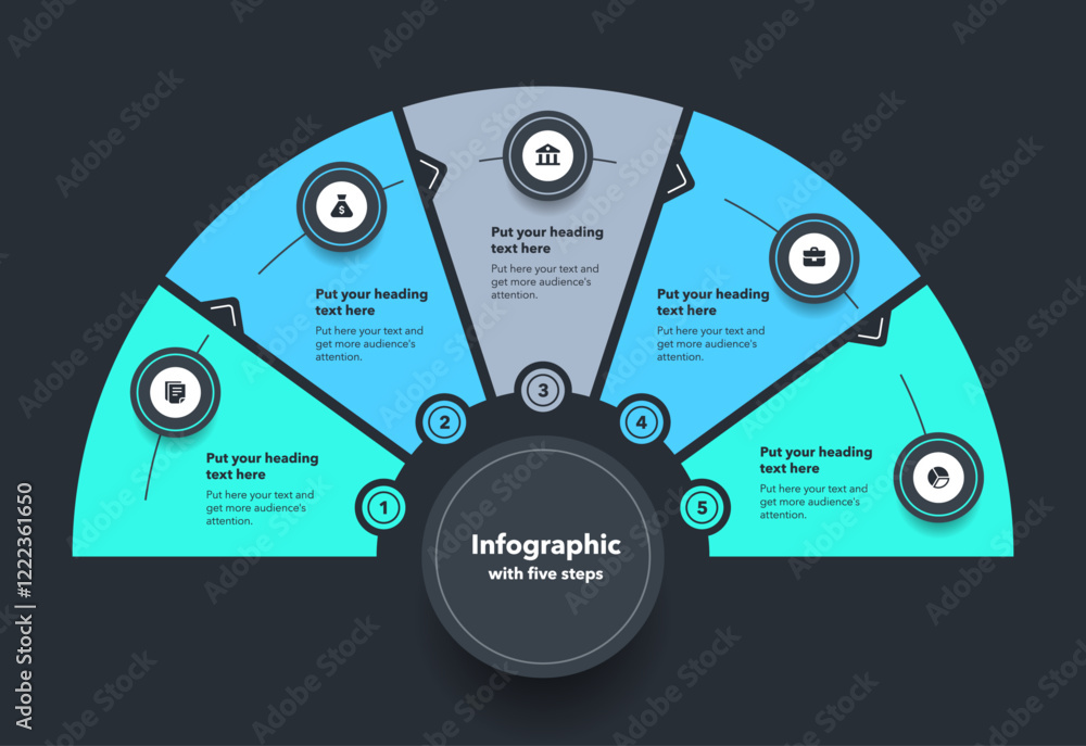 Aufkleber Circular infographic diagram divided into five stages - dark version. Flat design with minimalistic icons and place for your texts.