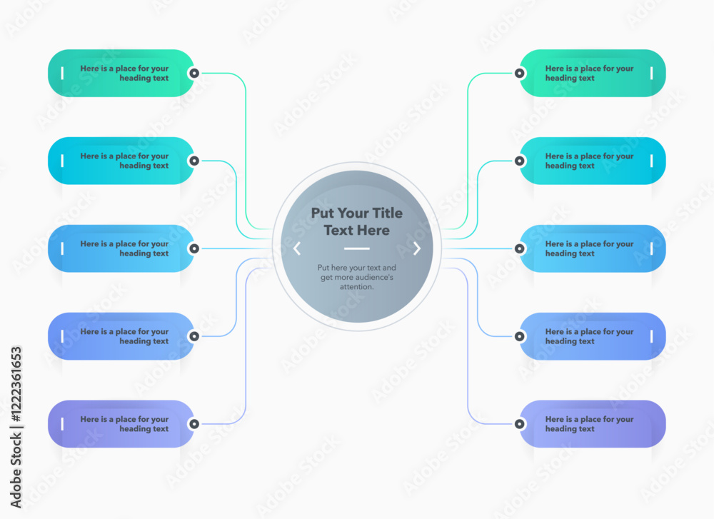 Poster Flowchart infographic with central circle and ten colorful options. SImple flat chart design with thin lines for website or data presentation.