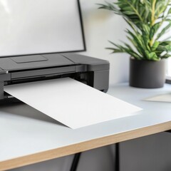 Gray desktop printer mockup. Small business concept of setting up workspace, modern elegant home office. Printer with bottom paper feed, books, houseplants in pot, cozy interior background	