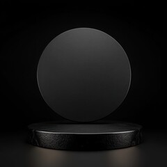 A sleek, black circular object on a platform, showcasing minimalistic design aesthetics.