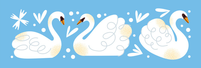 White swans set. Elegant white birds collection. Different poses. Cartoon style, flat design. Minimalist vector illustration with birds and ornamental elements isolated on background © Olexandra Simkina