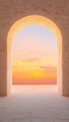 Fototapeta premium Sunset view through an archway tranquil seaside photo serene atmosphere wide angle nature's beauty