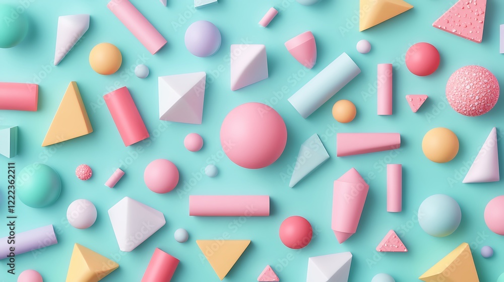 Poster vibrant composition of geometric shapes and colorful forms on soft blue surface with playful aesthet
