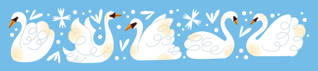 White swans set. Elegant white birds collection. Different poses. Cartoon style, flat design. Minimalist vector illustration with birds and ornamental elements isolated on background © Olexandra Simkina