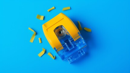 Naklejka premium Yellow pencil sharpener on a blue background with yellow confetti.