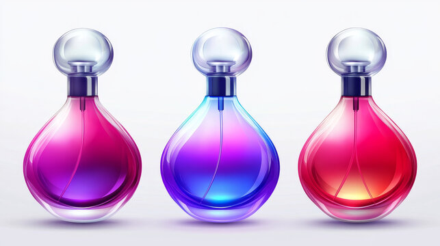 Transparent glass bottle for fragrance. Red, purple and blue perfumery product glazing container with sprayer and lid. Realistic 3d vector illustration set of perfume water packaging flacon mockup.