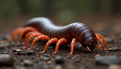 Close-up of a vibrant orange and brown centipede on the forest floor