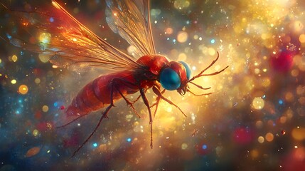 Vibrant Red Insect with Glowing Wings in Sparkling Dust