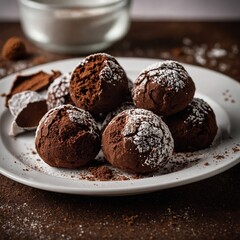 Hot chocolate mug paired with donut holes in a fun and festive Christmas time setup.Decadent chocolate truffles with cocoa dusting on rustic wooden table