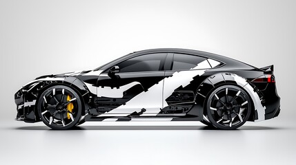 Black and white custom car design, studio shot, side view, sleek background