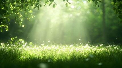 Obraz premium Soft Light Rays Illuminating Fresh Green Grass and Delicate Flowers