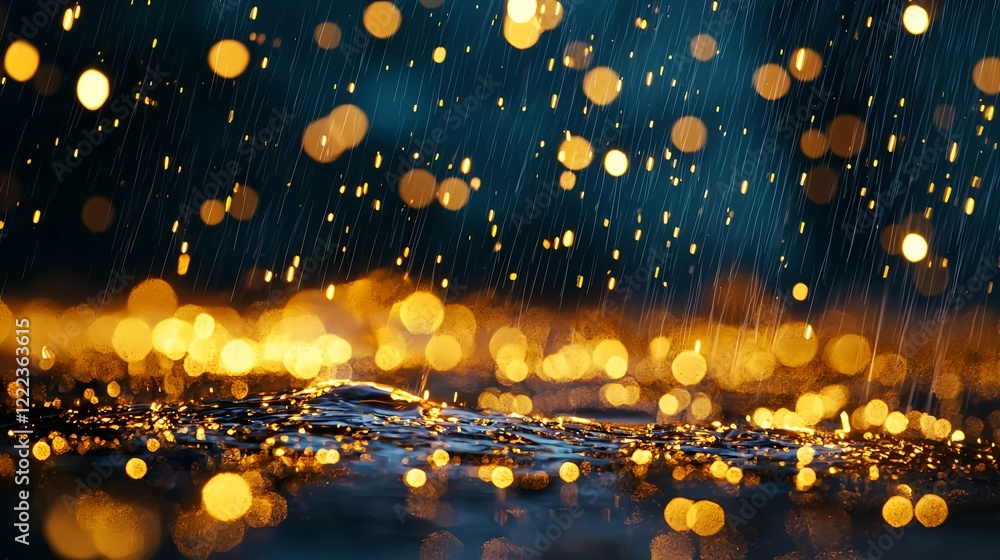 Poster glimmering raindrops against a dark background with bokeh effect
