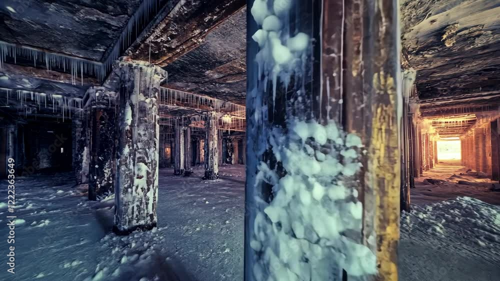 Poster ice formations and abandoned architecture create a haunting atmosphere in a deserted industrial spac