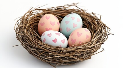 Obraz premium Decorative Easter Eggs in a Natural Nest with Heart Patterns