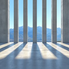 A modern architectural space with expansive views and striking concrete columns.