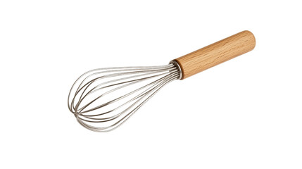 Kitchen whisk with wooden handle, white isolate background