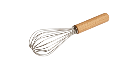 Kitchen whisk with wooden handle, white isolate background