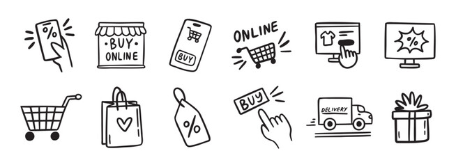 e-commerce online shopping doodle hand drawn icon set. Outline drawing e-commerce online shopping line clipart symbol collection