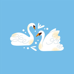 White swans set. Elegant white birds collection. Different poses. Cartoon style, flat design. Minimalist vector illustration with birds and ornamental elements isolated on background