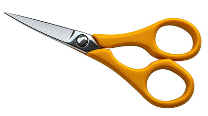 A pair of yellow-handled scissors against a white background, ideal for arts and crafts projects.