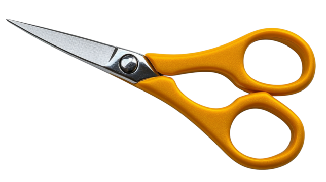 A pair of yellow-handled scissors against a white background, ideal for arts and crafts projects.
