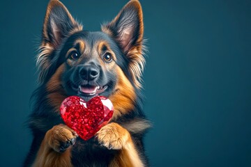 Ad visual idea. Belgian tervuren - my preferred dog. Cute belgian tervuren pooch with diamond red heart - sign of love, funny greeting card. Dog valentine's gifts. February 14 ideas. Red hear.