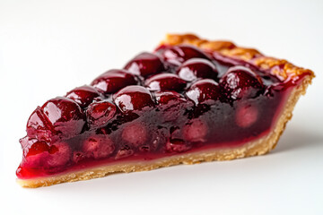 A slice of cherry pie with glossy filling isolated on a white background