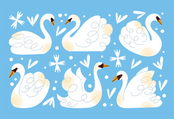 White swans set. Elegant white birds collection. Different poses. Cartoon style, flat design. Minimalist vector illustration with birds and ornamental elements isolated on background