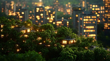 Tranquil Urban Landscape with Lush Greenery and City Lights