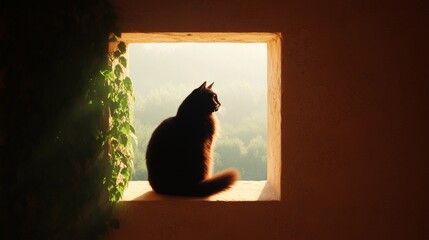 Vintage Serenity and Feline Elegance Long-Haired Cat on Stone Monastery Sill - Heritage Marketing and Nature-Inspired Interior Decor