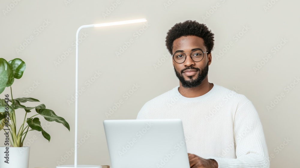 Poster Modern Workspace Lighting Sleek Desk Lamp with Daylight-Mimicking Light in Clean Lines - Enhancing Productivity for Urban Professionals through Circadian Wellness Design